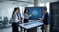 Business team discussing cloud computing technology in modern office meeting room with interactive display and digital infrastructure visualization.