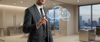 Professional businessman in suit touching holographic cloud computing interface in modern office with city skyline view representing digital transformation.