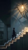 Businessman climbing illuminated staircase with geometric light patterns and hanging bulb creating atmospheric shadows on wall for success concepts.