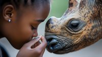 Young female child of African descent gently touching the face of a rhinoceros in close interaction, showing wildlife connection and animal care for educational or conservation purposes.