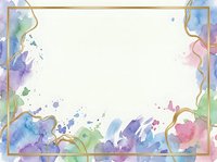 Watercolor splashes in purple, pink, green, and blue tones frame a white central space with gold border, ideal for invitations, greeting cards, and design backgrounds.