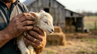Farmer holding young lamb in hands on rural farm with barn and hay in background, depicting agricultural livestock care and animal husbandry practices.