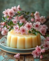 Elegant yellow cake decorated with delicate pink cherry blossoms on vintage plate, spring dessert photography for bakery and culinary content.