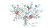 Watercolor wedding bouquet with white roses, dusty blue flowers, eucalyptus leaves and ribbon on transparent background for bridal design projects.