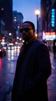 African American male professional wearing dark sunglasses and navy blazer standing on wet urban street at dusk with neon signs and street lights. Use for business, lifestyle, fashion, or corporate projects.