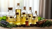 Collection of essential oils in glass bottles with cork stoppers surrounded by fresh herbs and spices on wooden surface for aromatherapy and natural wellness.