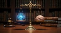 Scales of justice balancing artificial intelligence technology against human brain with legal books and gavel in law library courtroom setting.
