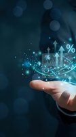 Businessman hand holding holographic financial data with growth arrows and percentage symbols on dark blue bokeh background for investment presentations.