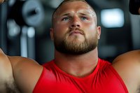 Muscular Caucasian male athlete with beard wearing red tank top exercising at gym, close-up portrait showing determination and strength during workout.