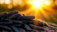 Charred wood pieces silhouetted against golden sunset rays creating dramatic natural lighting effect, close-up view of burnt timber texture with sun flare background.
