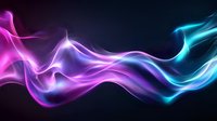 Vibrant flowing smoke effect in neon pink, purple and turquoise colors against dark background creates dynamic abstract wave pattern with glowing ethereal movement.