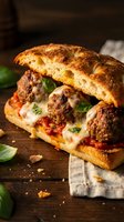Meatball sub sandwich with melted cheese, tomato sauce, and fresh basil on crusty bread, served on wooden surface for food photography and culinary content.