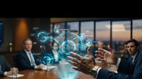 Business professionals in modern conference room discussing digital network technology with holographic data visualization and connectivity icons floating above table.