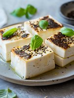 Grilled tofu cubes garnished with black sesame seeds and fresh basil leaves on ceramic plate, drizzled with olive oil. Close up food photography.