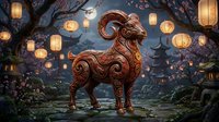 Ornate bronze ram sculpture with intricate swirls stands in magical garden with glowing paper lanterns hanging from cherry blossom trees at twilight.