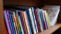Colorful collection of books arranged on wooden shelf with selective focus on spines showing various patterns and textures in warm lighting atmosphere.