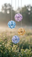 Colorful glass ornament balls hanging on chains with intricate floral patterns in purple, blue, yellow and lavender against blurred garden background.