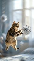 Tabby cat jumping to catch sparkling crystal ball in bright sunlit room with large windows creating magical light reflections and playful atmosphere.