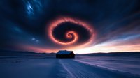 Mystical spiral aurora formation glows pink against dark blue night sky over snowy winter landscape with silhouetted cabin, creating dramatic natural phenomenon scene.
