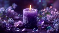 Purple aromatic candle with glowing flame surrounded by lavender flowers and crystal gems creating mystical atmosphere for meditation and spiritual practices.