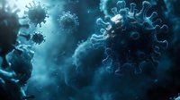 Microscopic view of virus particles floating in dark blue atmospheric space, showing detailed spike proteins and molecular structure in dramatic lighting.