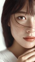Close-up portrait of young Asian woman with freckles, brown eyes, and dark hair against white background, showcasing natural beauty.