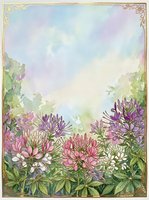 Watercolor floral frame with purple pink flowers and ornate golden border on pastel sky background for wedding invitations and romantic designs.