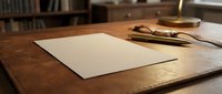 Blank white paper sheet on wooden desk with eyeglasses and pen in warm office lighting for business documents and writing tasks.