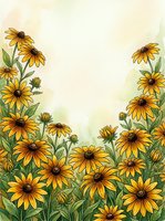 Watercolor black-eyed Susan flowers framing a soft green background with copy space, perfect for cards and seasonal designs.