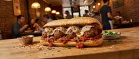 Crispy fried chicken sandwich with melted cheese and red sauce on toasted bun, served on wooden table in casual restaurant setting for food photography.
