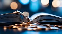 Open book with scattered euro coins on dark background with blue bokeh lights, symbolizing financial education, investment knowledge and money management.
