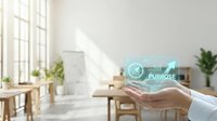 Businesswoman holding holographic purpose icon above hand in modern office workspace with natural light and plants, representing mission statement and corporate values for business strategy and company goals.