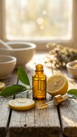 Amber essential oil bottle with dropper and fresh lemon slices on rustic wooden table in warm sunlit kitchen setting for natural wellness and aromatherapy.