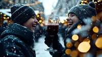 Young couple enjoying mulled wine outdoors on snowy winter evening with festive bokeh lights and snowfall creating magical holiday atmosphere.