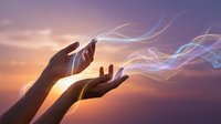 Two hands reach upward against a golden sunset sky, releasing glowing energy waves. Concept for spirituality, healing, magic, and personal transformation.