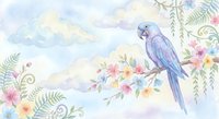 Watercolor parrot perched on flowering branch with tropical blooms and ferns against soft cloudy sky background for spring nature designs.
