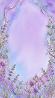 Watercolor lavender and eucalyptus frame with gold accents on soft purple and blue gradient background. Isolated botanical border design for invitations, greeting cards, and wedding stationery projects.