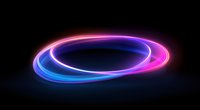 Glowing neon light rings with blue and pink gradient colors on black background create dynamic motion trails effect, suitable for modern tech designs and backgrounds.