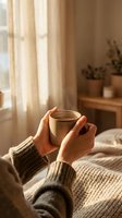 Cozy morning scene with woman's hands holding steaming ceramic mug in warm sunlit bedroom, knit sweater and soft blanket creating hygge atmosphere.