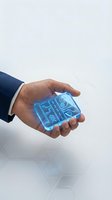 Businessman hand holding futuristic holographic interface with digital icons representing modern technology and innovation in corporate environment.