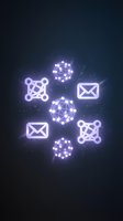 Glowing digital network icons and email symbols floating in dark space with purple neon light effects for technology and communication concepts.