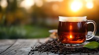 Hot beans on wooden surface against blurred sunset background with golden bokeh lights and green foliage.