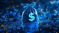 Digital money bag with dollar symbol on glowing blue circuit board background representing cryptocurrency, digital banking and fintech innovation.