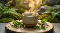 Steaming ceramic cup of green tea on wooden slice with fresh leaves in a serene zen garden setting, evoking calm and wellness.