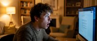 Young man with curly dark hair and light skin tone, wearing a gray sweater, focused on computer screen in warm home office setting with lamp and bookshelves.