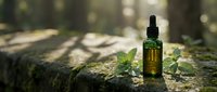 Natural herbal essential oil bottle with dropper surrounded by fresh green mint leaves on moss-covered stone surface in forest setting for aromatherapy wellness.