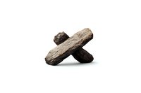 Two crossed wooden logs or driftwood pieces forming letter X shape on white background, isolated object for design and creative projects.