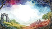 Fantasy landscape with ancient stone archway, colorful sky, mountains and mystical atmosphere for gaming, storytelling and creative projects.