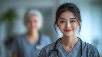 Young Asian female healthcare professional in scrubs and stethoscope smiling warmly at camera with colleague in background at medical facility. Positive workplace atmosphere.