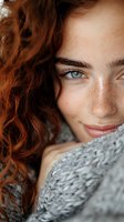 Close-up portrait of young redhead woman with freckles and green eyes wearing cozy gray knit sweater, natural beauty and genuine smile captured in warm lighting.